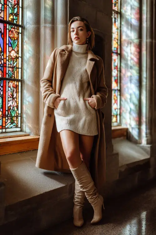 A woman in a winter-cream sweater dress layered with a camel coat and heeled boots, posing near stained-glass windows illuminated by soft holiday light