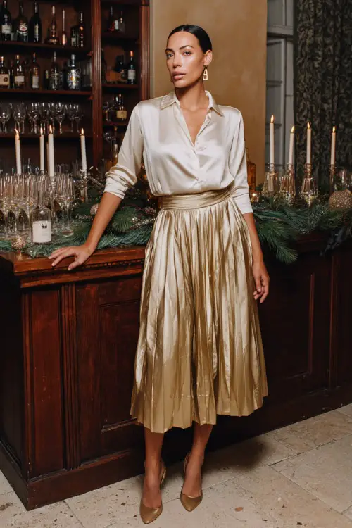 A woman in an ivory silk blouse tucked into a flowing gold pleated skirt with elegant heels, posing inside a refined Christmas party setting 