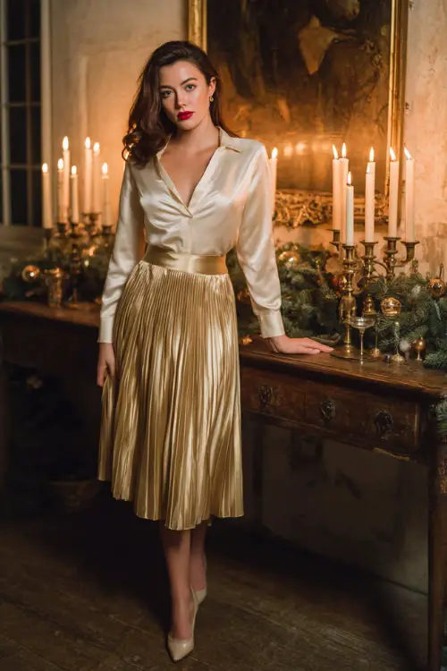 A woman in an ivory silk blouse tucked into a gold pleated skirt with elegant heels, posing inside a refined Christmas party setting filled with warm candles and garlands 