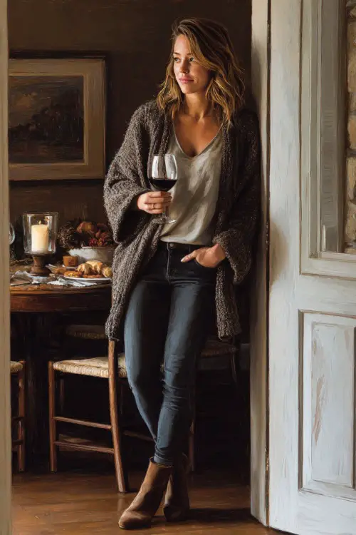 A woman in dark jeans, an oversized cardigan, and heeled boots, holding a glass of wine while chatting at a Thanksgiving dinner party 