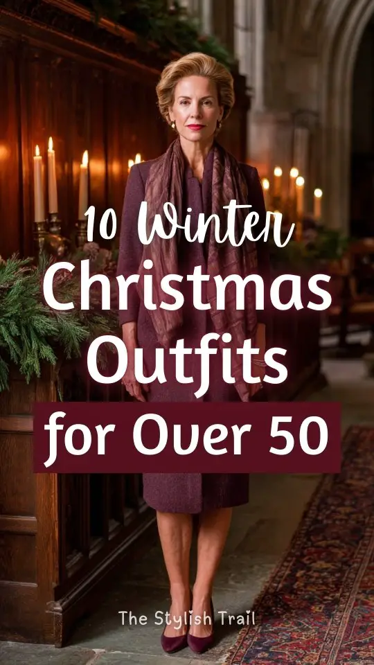A woman over 50 in a Christmas outfit with a plum wool dress with a matching scarf and classic pumps for winter