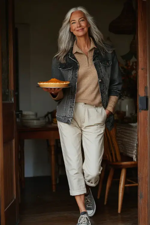 A woman over 50 in a beige sweater layered under a denim jacket, paired with slim-fit trousers and sneakers, holding a pumpkin pie while entering a cozy dining room 