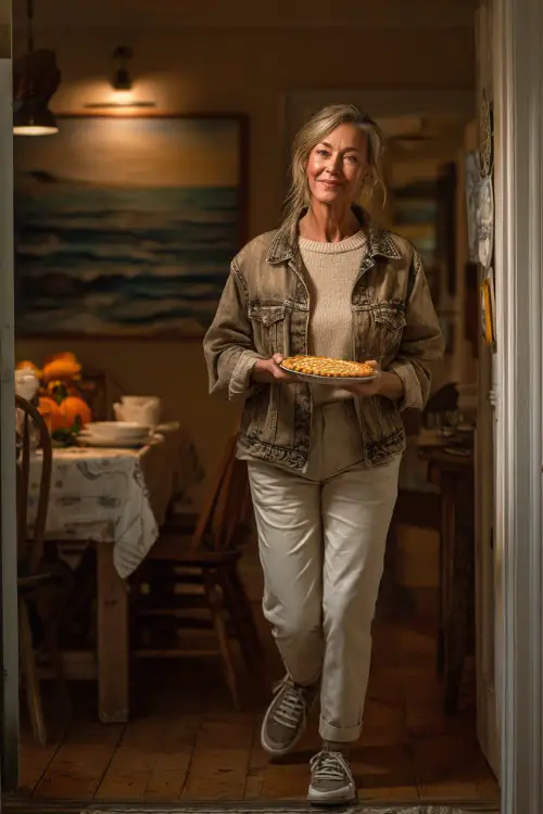 A woman over 50 in a beige sweater layered under a denim jacket, paired with slim-fit trousers and sneakers, holding a pumpkin pie while entering a cozy dining room 