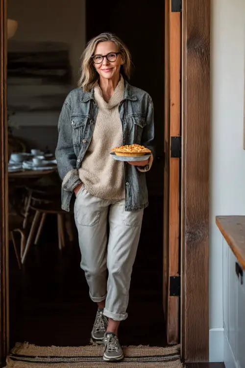 A woman over 50 in a beige sweater layered under a denim jacket, paired with slim-fit trousers and sneakers, holding a pumpkin pie while entering a cozy dining room