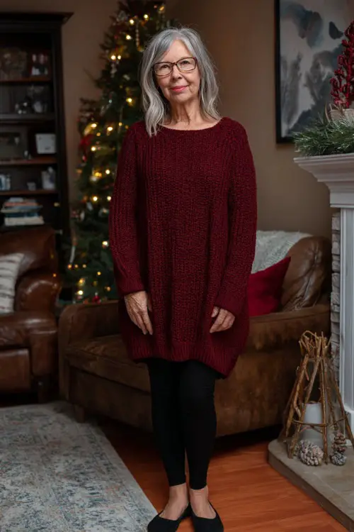 A woman over 50 in a burgundy knit tunic paired with black leggings and comfortable flats