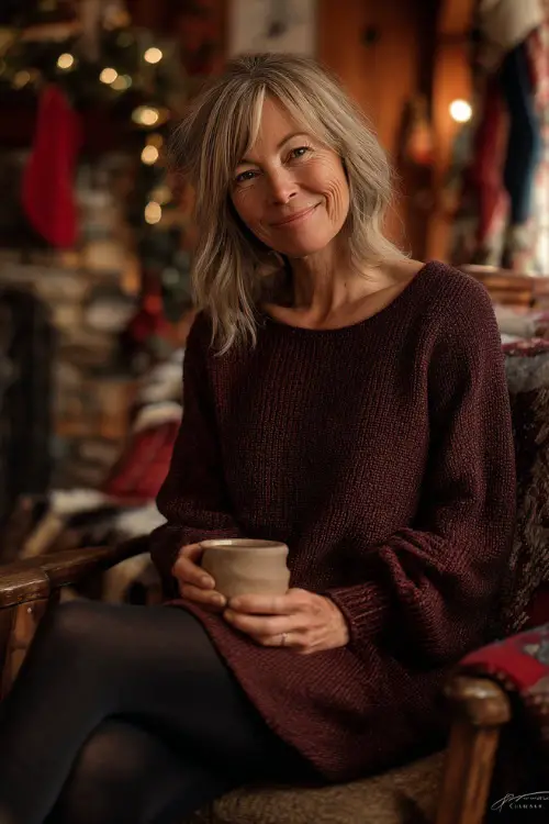 A woman over 50 in a burgundy knit tunic paired with black leggings and comfy flats, holding a cup of cocoa at a cozy Christmas house party