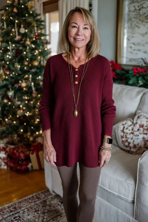 A woman over 50 in a burgundy knit tunic with cute gold button details, leggings, and warm flats, standing in a bright living room decorated for Christmas morning 