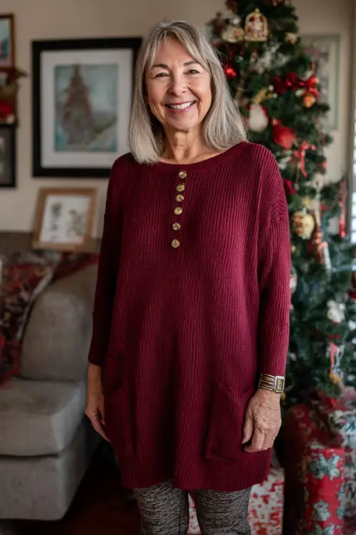 A woman over 50 in a burgundy knit tunic with cute gold button details, leggings, and warm flats, standing in a bright living room decorated for Christmas morning