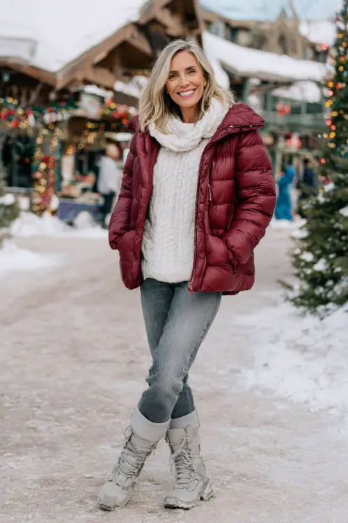 A woman over 50 in a burgundy puffer jacket over a winter-white knit sweater with jeans and snow boots 