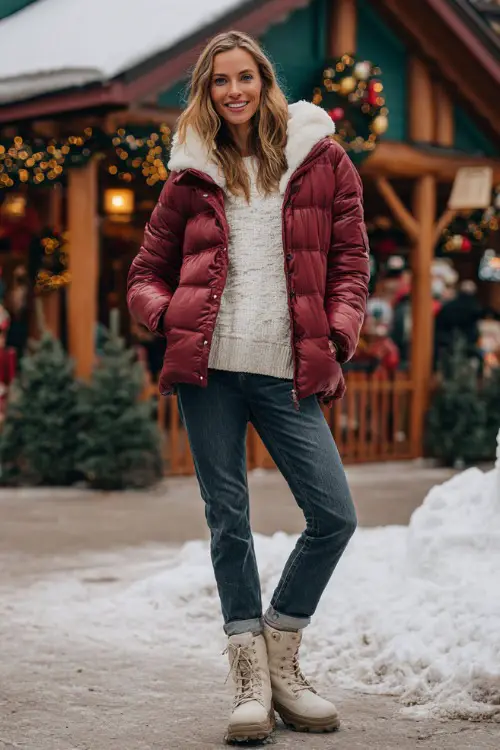 A woman over 50 in a burgundy puffer jacket over a winter-white knit sweater with jeans and snow boots