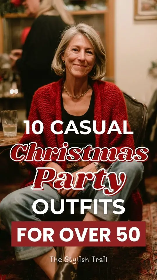 A woman over 50 in a casual Christmas party outfit with a red cardigan layered over a simple black top with straight-leg jeans and loafers