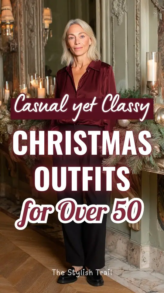 A woman over 50 in a casual classy Christmas outfit with a burgundy blouse paired with black wide-leg trousers and loafers (1)