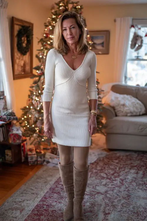 A woman over 50 in a chic winter-white sweater dress with tights and suede boots, standing in a softly lit Christmas living room filled with festive décor