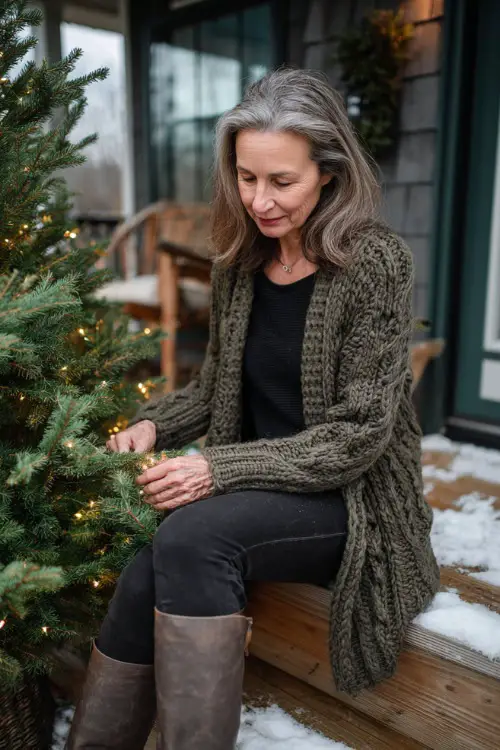 A woman over 50 in a cozy green cardigan layered over a black top with warm leggings and flat boots