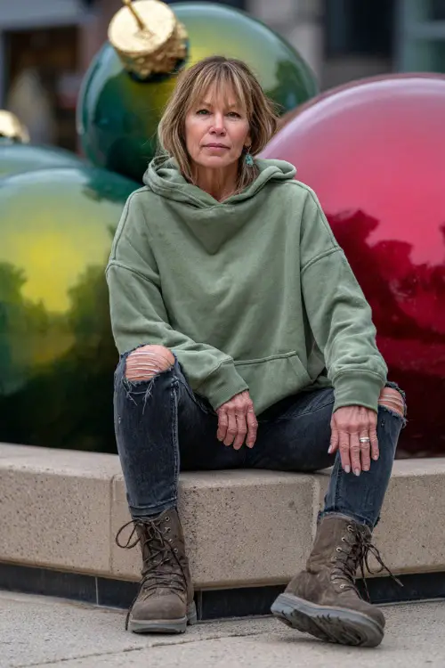 A woman over 50 in a cozy green hoodie paired with dark jeans and lace-up boots, posing next to oversized Christmas ornaments outdoors 
