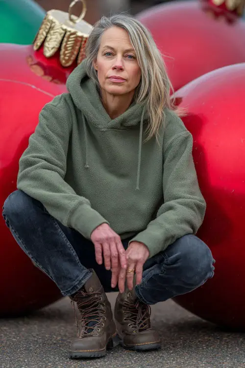 A woman over 50 in a cozy green hoodie paired with dark jeans and lace-up boots, posing next to oversized Christmas ornaments outdoors
