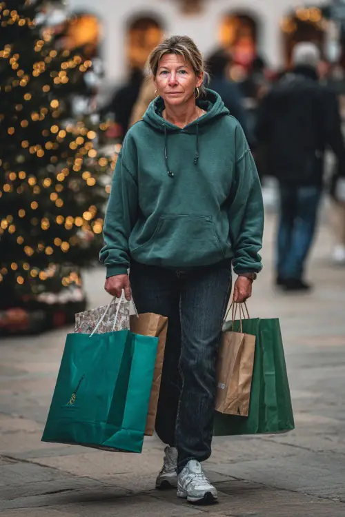 A woman over 50 in a cozy green hoodie with dark jeans and winter sneakers