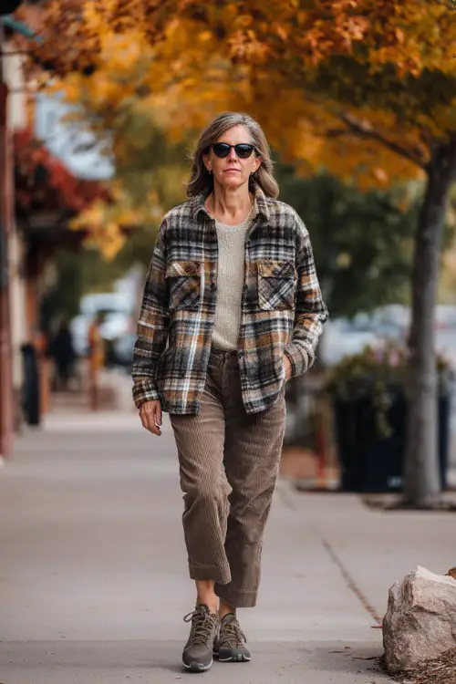 A woman over 50 in a cozy plaid shacket over a ribbed top and corduroy pants, walking down a small-town street lined with autumn leaves 