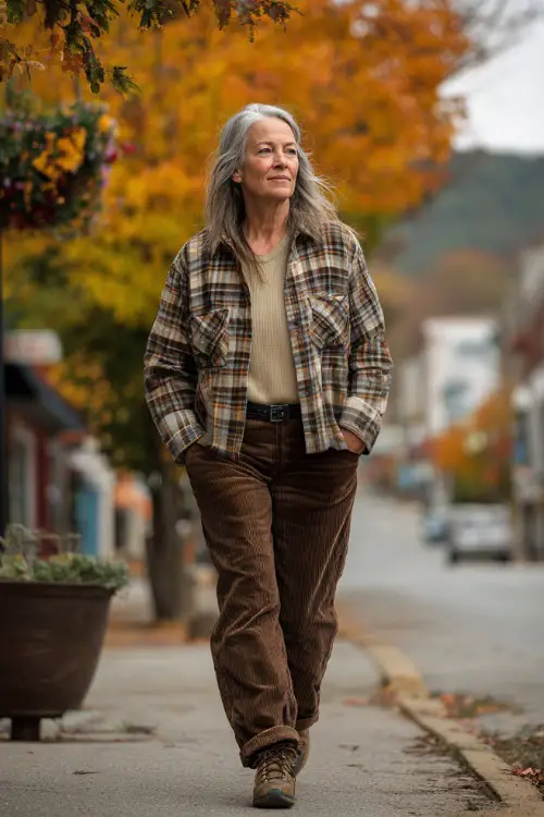 A woman over 50 in a cozy plaid shacket over a ribbed top and corduroy pants, walking down a small-town street lined with autumn leaves 