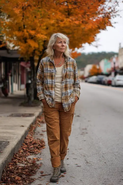 A woman over 50 in a cozy plaid shacket over a ribbed top and corduroy pants, walking down a small-town street lined with autumn leaves