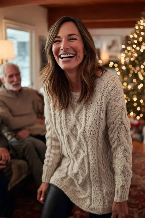 A woman over 50 in a cozy tunic sweater with slim black pants and low-heeled boots, laughing with family in a bright holiday-decorated living room