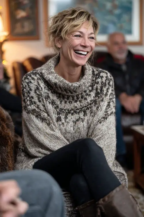 A woman over 50 in a cozy tunic sweater with slim black pants and low-heeled boots, laughing with family in a bright holiday-decorated living room
