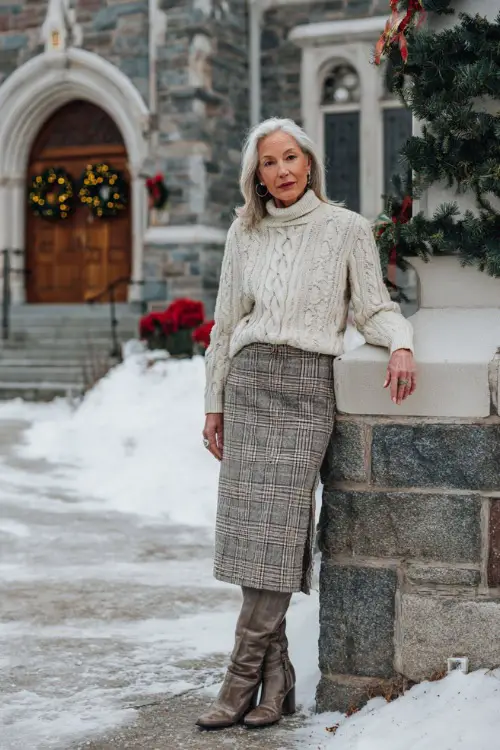 A woman over 50 in a cream cable-knit sweater paired with a plaid midi skirt, tights, and tall boots 