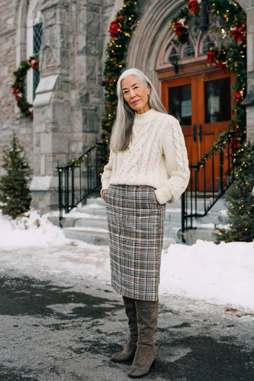 A woman over 50 in a cream cable-knit sweater paired with a plaid midi skirt, tights, and tall boots