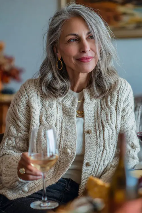 A woman over 50 in a cream cardigan with pearl buttons, paired with dark denim and ballet flats, holding a glass of wine at a Thanksgiving dinner,