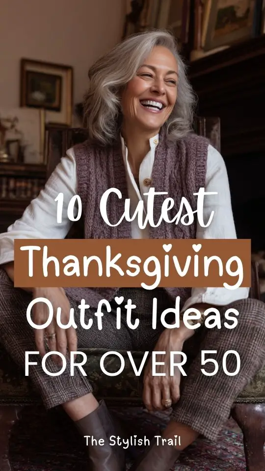A woman over 50 in a cute Thanksgiving outfit with a mauve knit vest over a white blouse with tailored trousers and ankle boots