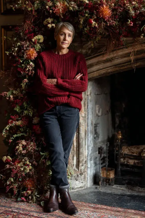 A woman over 50 in a deep red knit sweater paired with dark straight-leg jeans and heeled ankle boots, standing near a beautifully decorated fireplace with garlands 
