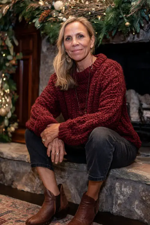 A woman over 50 in a deep red knit sweater paired with dark straight-leg jeans and heeled ankle boots, standing near a beautifully decorated fireplace with garlands 