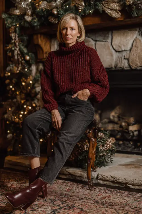 A woman over 50 in a deep red knit sweater paired with dark straight-leg jeans and heeled ankle boots, standing near a beautifully decorated fireplace with garlands