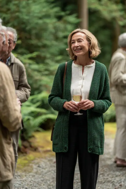 A woman over 50 in a forest-green cardigan layered over a white blouse with black trousers and loafers, chatting with friends at a casual holiday home party 