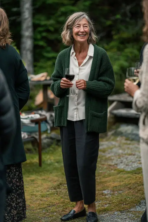 A woman over 50 in a forest-green cardigan layered over a white blouse with black trousers and loafers, chatting with friends at a casual holiday home party 