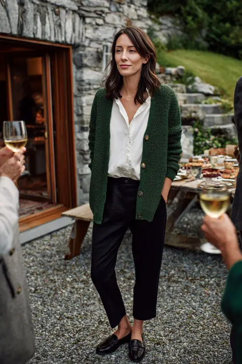 A woman over 50 in a forest-green cardigan layered over a white blouse with black trousers and loafers, chatting with friends at a casual holiday home party