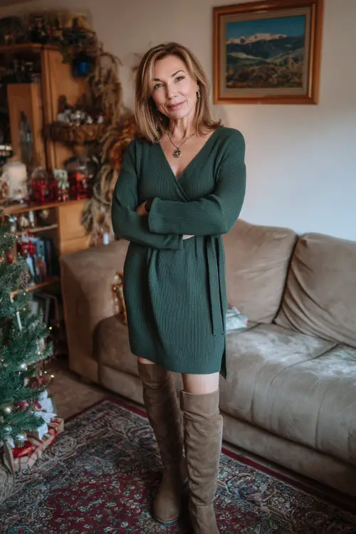 A woman over 50 in a forest-green sweater dress with a belted waist, tights, and suede boots, posing in a cozy living room filled with cute holiday décor