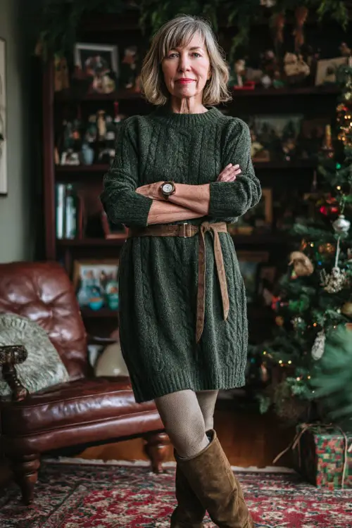 A woman over 50 in a forest-green sweater dress with a belted waist, tights, and suede boots, posing in a cozy living room filled with cute holiday décor