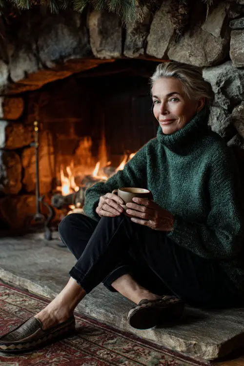 A woman over 50 in a forest-green turtleneck sweater paired with black leggings and comfortable loafers 