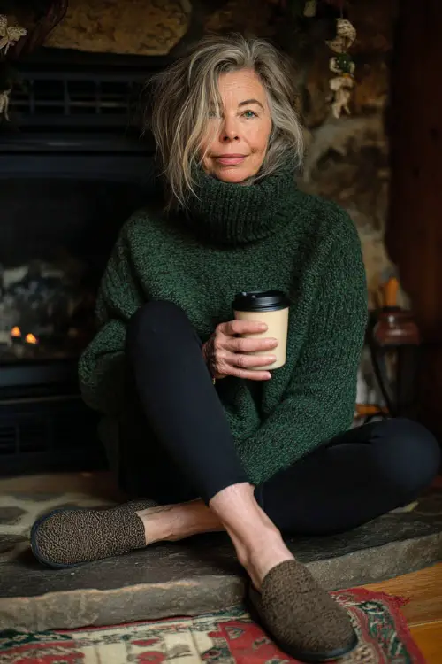 A woman over 50 in a forest-green turtleneck sweater paired with black leggings and comfortable loafers