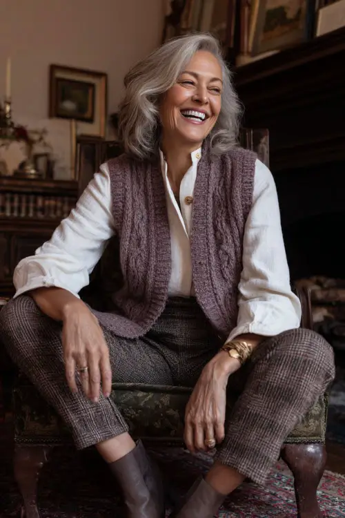 A woman over 50 in a mauve knit vest layered over a white blouse with tailored trousers and ankle boots, laughing with family at a Thanksgiving gathering 