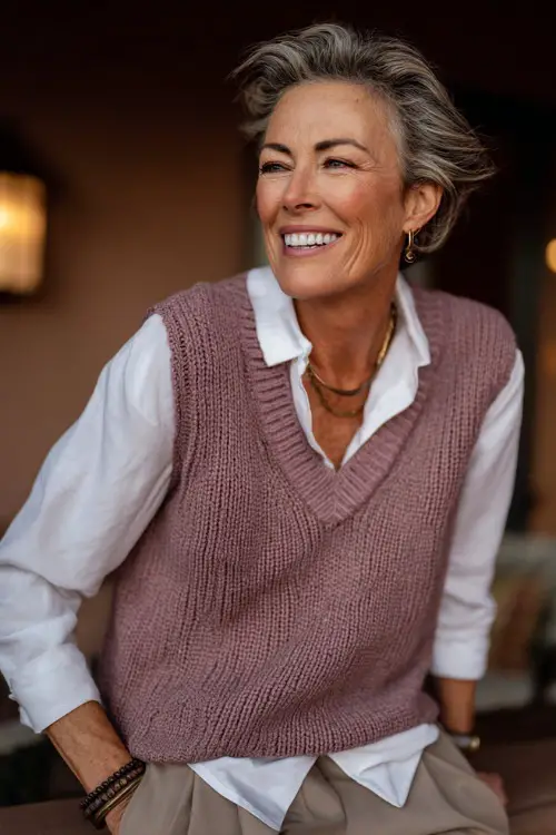A woman over 50 in a mauve knit vest layered over a white blouse with tailored trousers and ankle boots, laughing with family at a Thanksgiving gathering