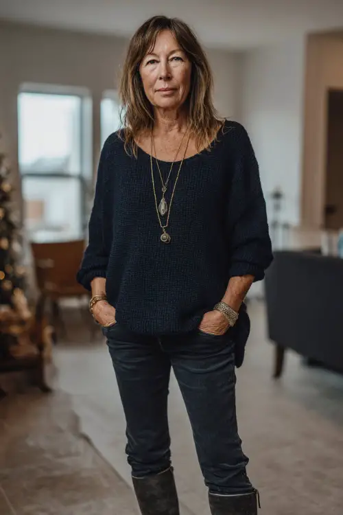 A woman over 50 in a navy knit top with a gold necklace, dark jeans, and ankle boots, standing in a modern home decorated with simple Christmas accents