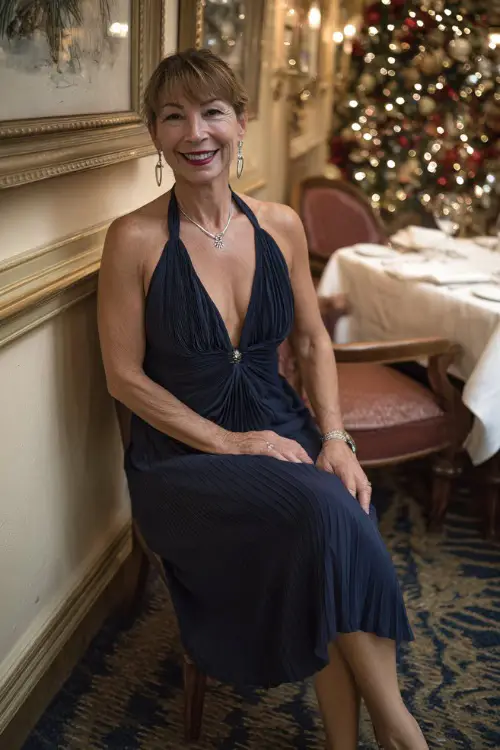 A woman over 50 in a navy pleated midi dress with silver jewelry and elegant heels, posing inside a beautifully decorated Christmas dinner venue