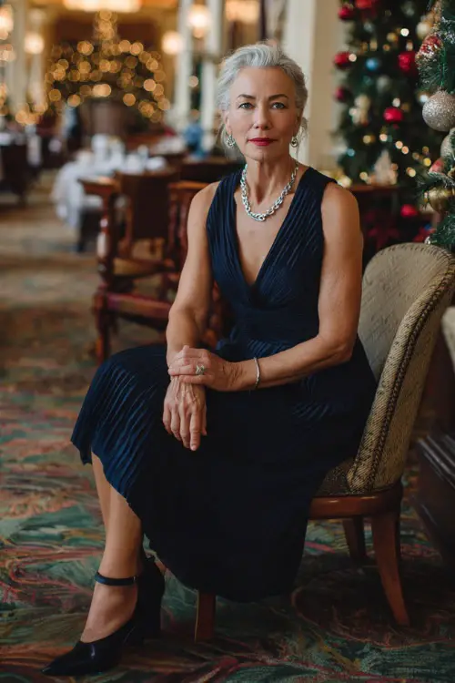 A woman over 50 in a navy pleated midi dress with silver jewelry and elegant heels, posing inside a beautifully decorated Christmas dinner venue