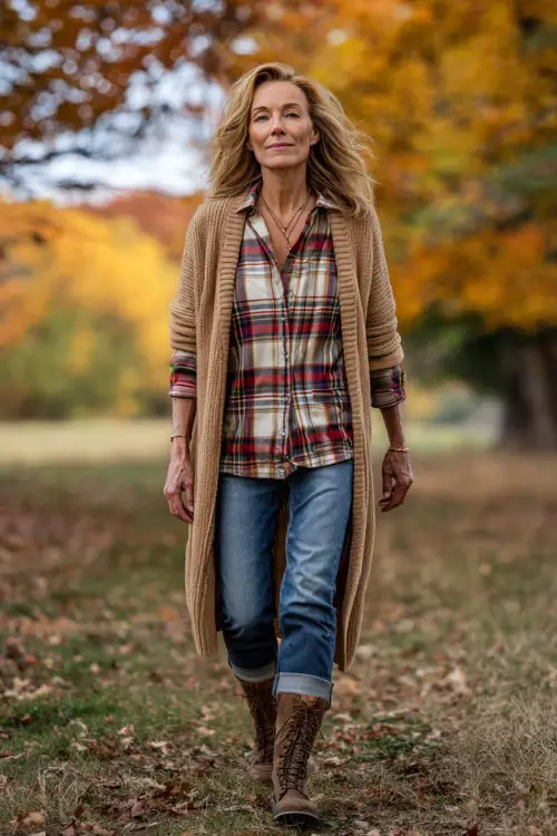 A woman over 50 in a plaid button-up shirt with a long camel cardigan, jeans, and ankle boots, walking through a park filled with colorful autumn leaves 