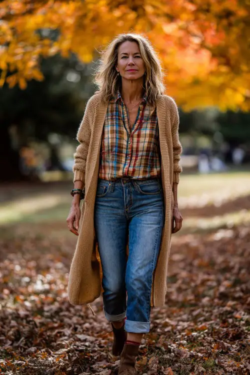 A woman over 50 in a plaid button-up shirt with a long camel cardigan, jeans, and ankle boots, walking through a park filled with colorful autumn leaves 