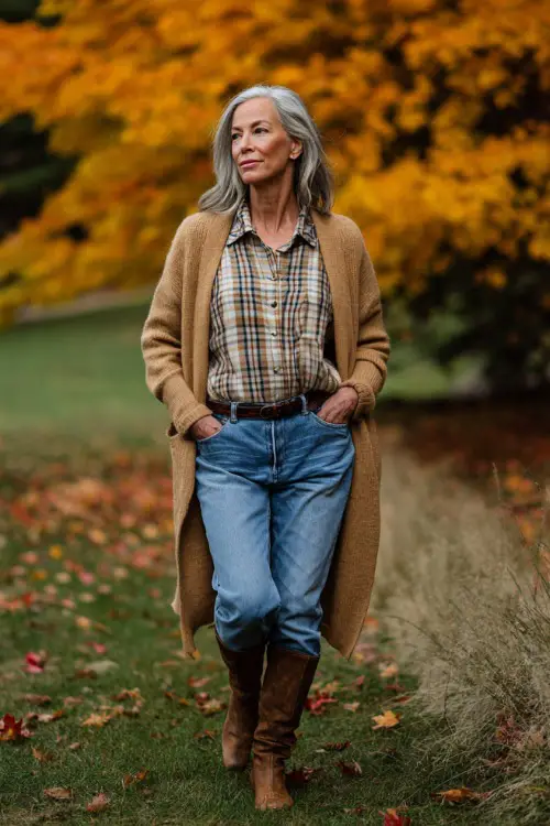 A woman over 50 in a plaid button-up shirt with a long camel cardigan, jeans, and ankle boots, walking through a park filled with colorful autumn leaves