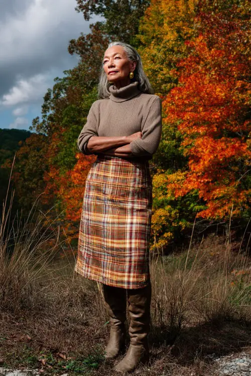 A woman over 50 in a plaid midi skirt paired with a turtleneck and knee-high boots, standing outdoors surrounded by colorful autumn trees 