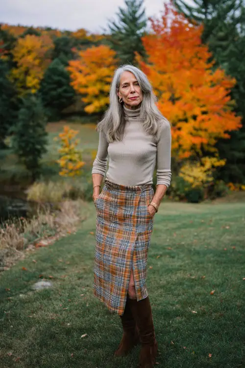 A woman over 50 in a plaid midi skirt paired with a turtleneck and knee-high boots, standing outdoors surrounded by colorful autumn trees